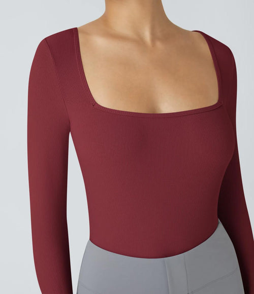 NWT Halara Ribbed Knit Square Neck Long Sleeve Skinny Bodysuit Ruby Wine L