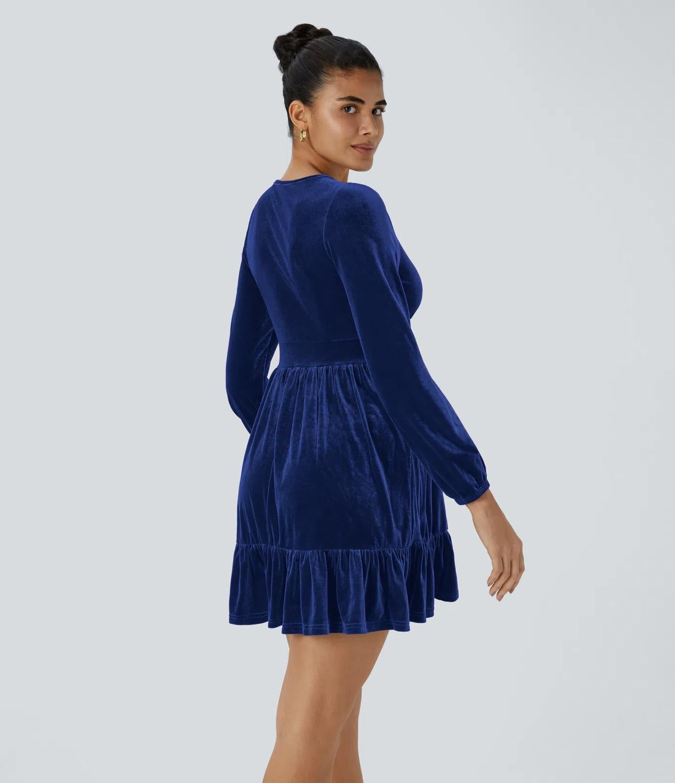 NWT Halara Everyday Deep V Neck Long Sleeve Ruffled Hem Velvet Mini Dress Large