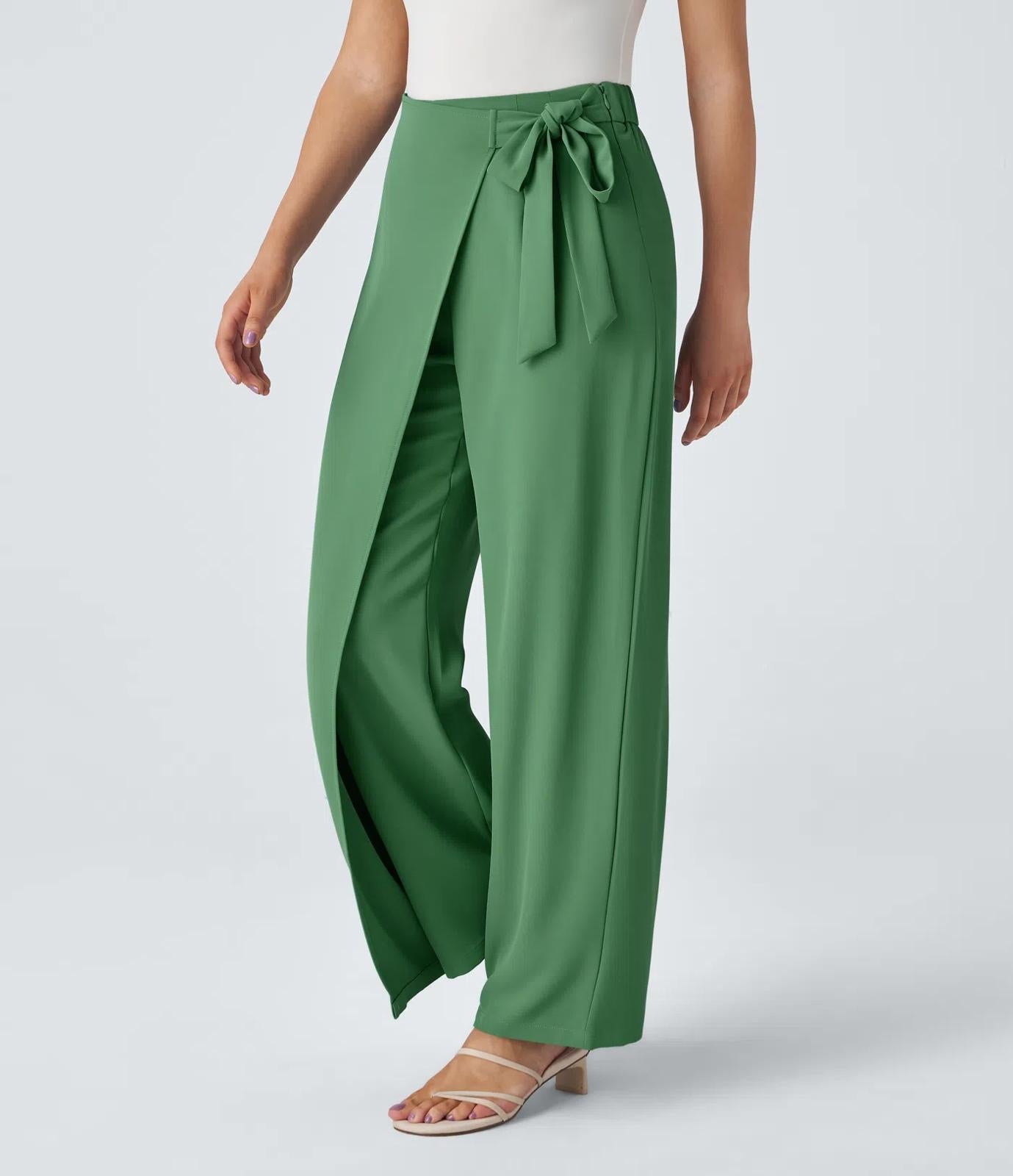 NWT Halara High Waisted Tie Side Wide Leg Work Pants Hills Green L