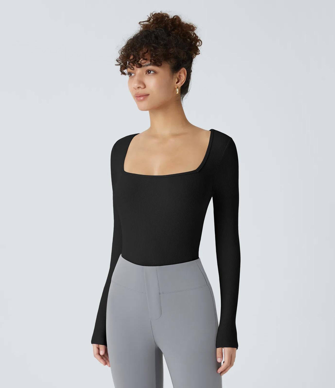 NWT Halara Ribbed Knit Square Neck Long Sleeve Skinny Casual Bodysuit Black M