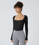 NWT Halara Ribbed Knit Square Neck Long Sleeve Skinny Casual Bodysuit Black L