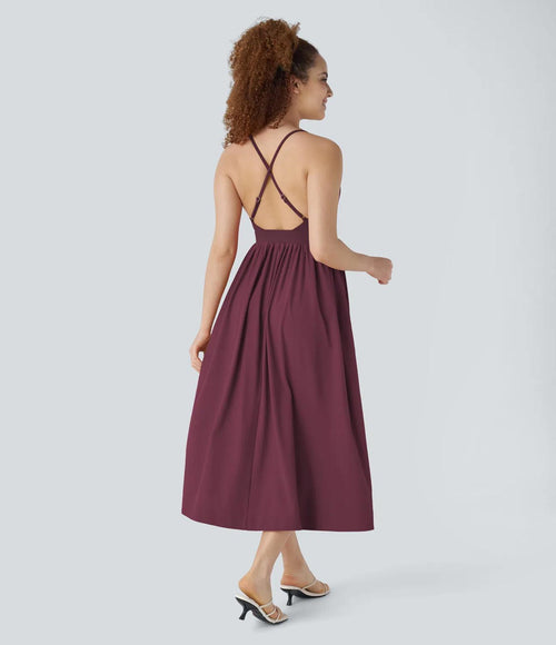 NWT Halara Adjustable Strap Backless Ruched Side Pocket Dress Amaranth M