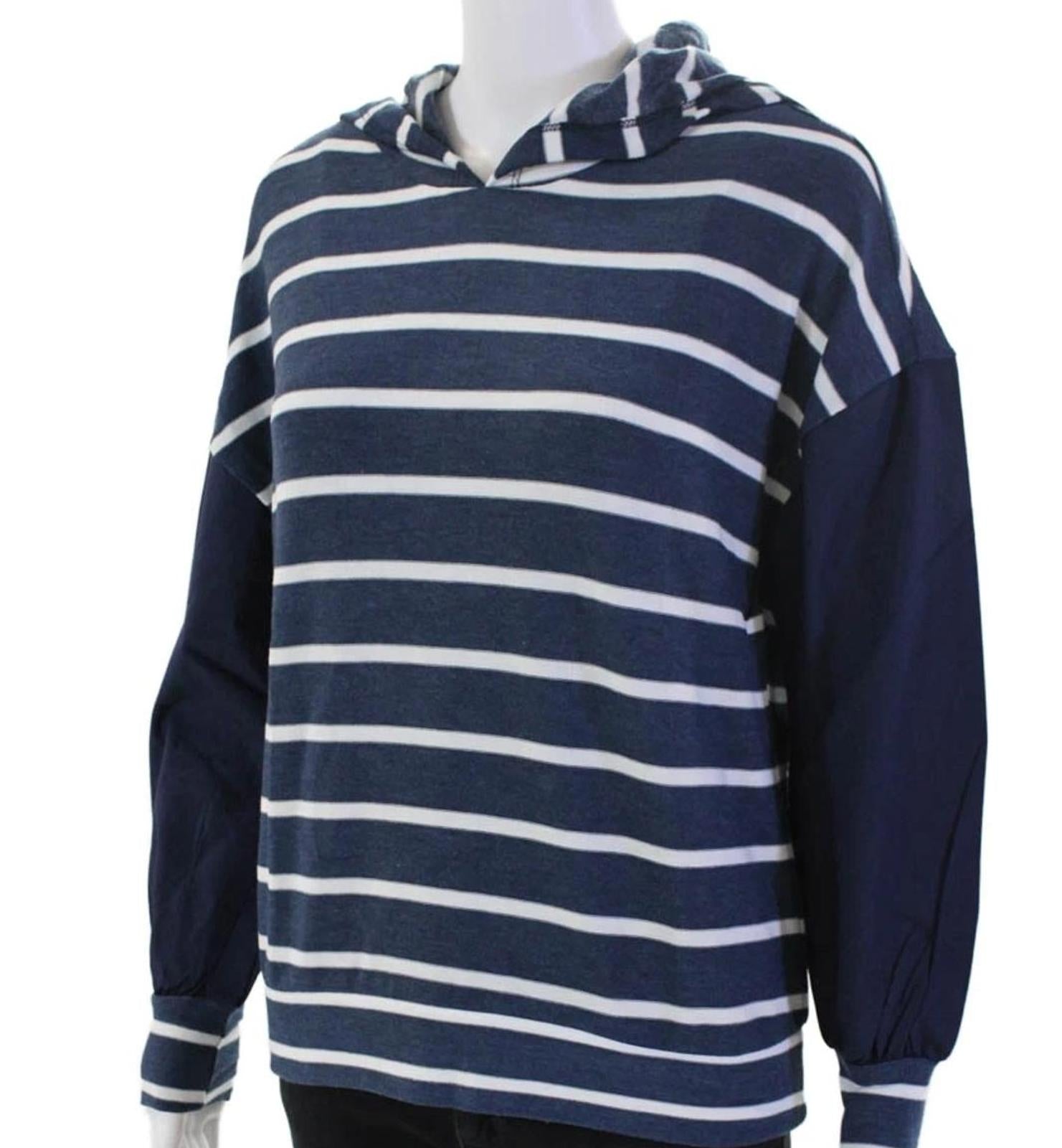 NWT Chaser Navy Stripe Blouson Sleeve Hooded Pullover Hoodie Medium