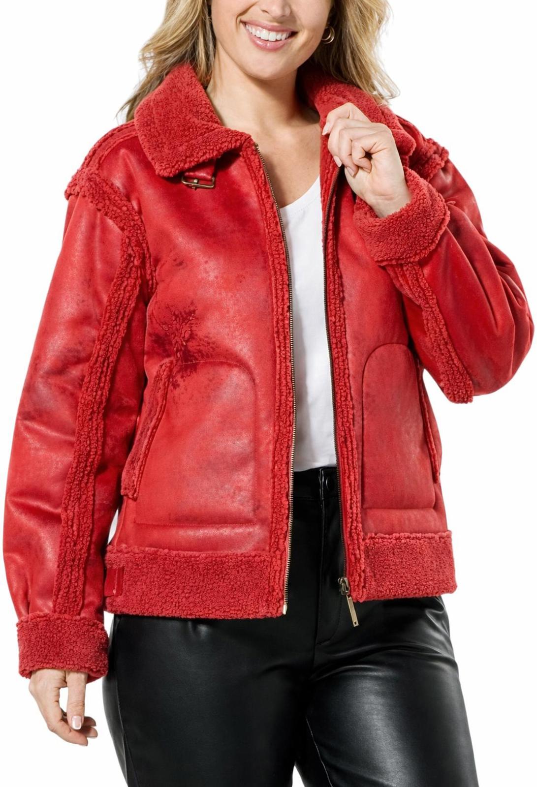 NWT G by Giuliana Faux Suede Shearling Zip Front Coat Red Size Small