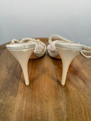 Lulus Leaah White Satin Pearl Lace-Up High Heel Sandals - 11 NWB