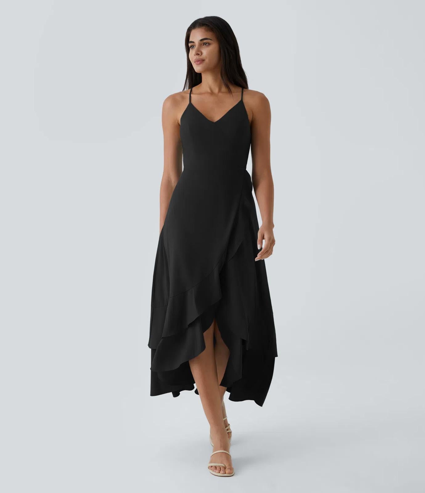 NWT Halara Breezeful™ Lace Up Side Zipper Ruffle Hem Maxi Casual Dress Black M