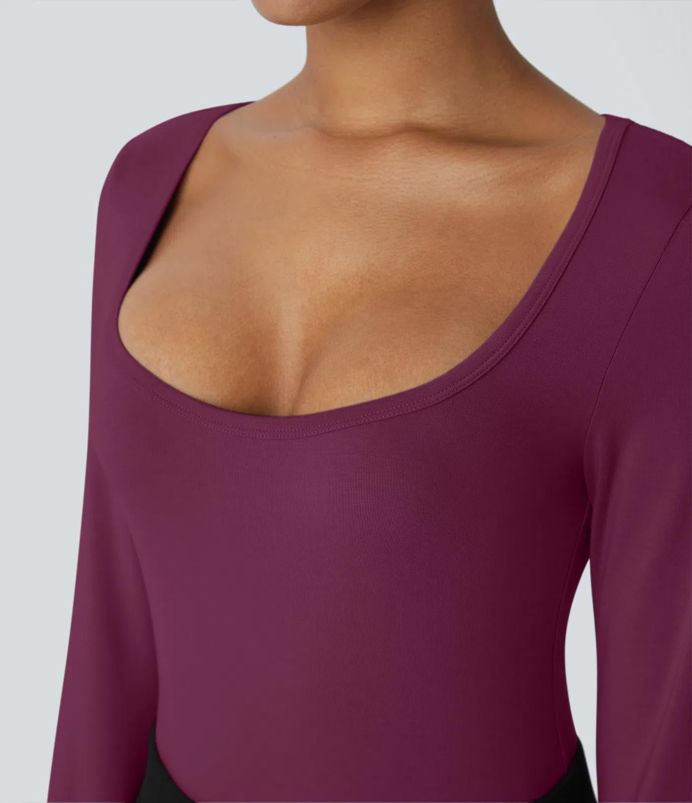 NWT Halara U Neck Long Sleeve Snap Button Skinny Work Bodysuit Red Violet, Large