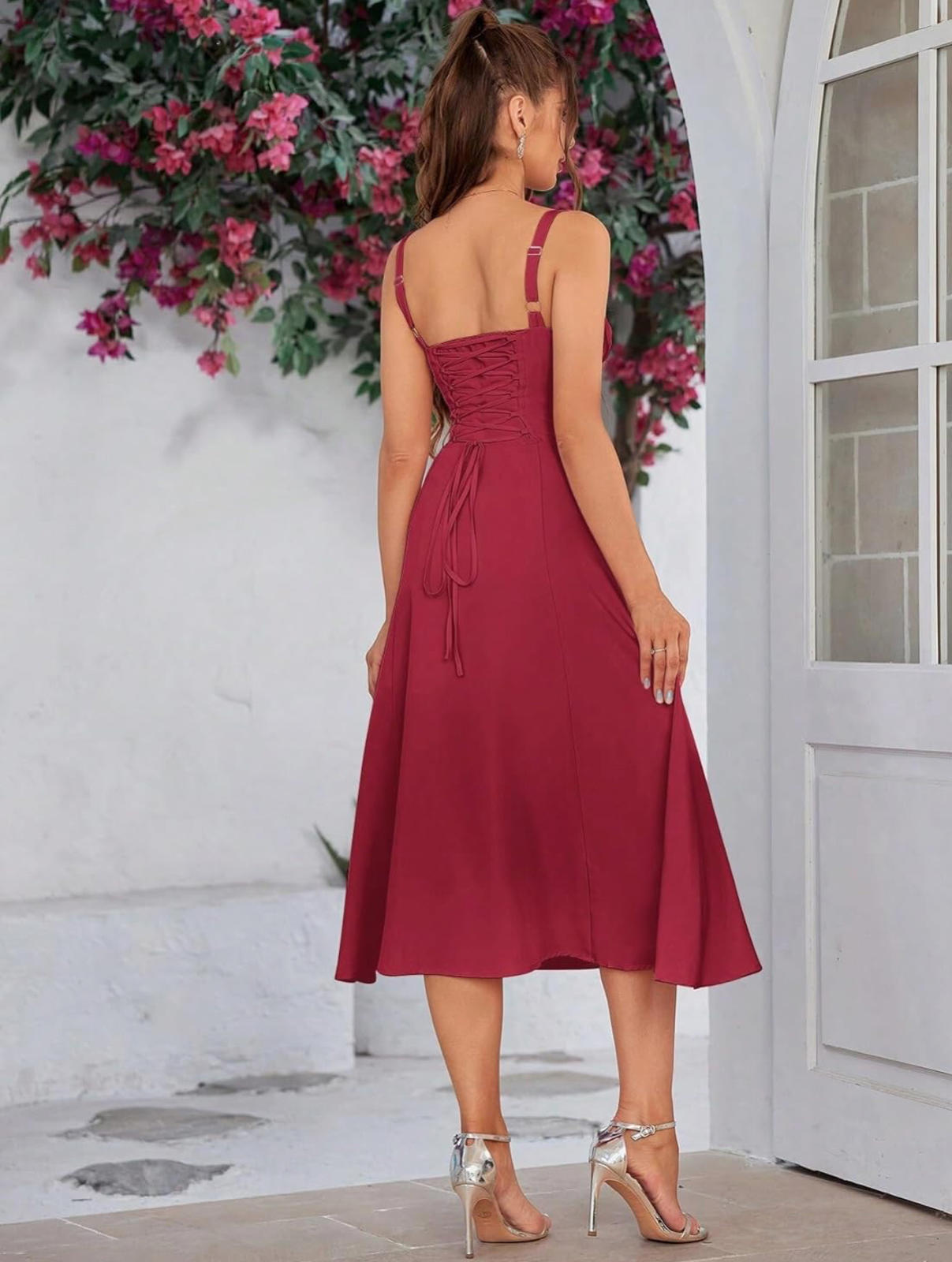 Pathea Elegant Red Midi Dress with Adjustable Straps and Lace-up Back, Size M