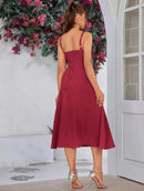 Pathea Elegant Red Midi Dress with Adjustable Straps and Lace-up Back, Size M