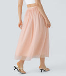 NWT Halara High Waisted Mesh Overlay Flowy Flare Midi Casual Skirt Cream Tan XS