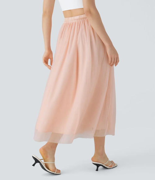 NWT Halara High Waisted Mesh Overlay Flowy Flare Midi Casual Skirt Cream Tan XS