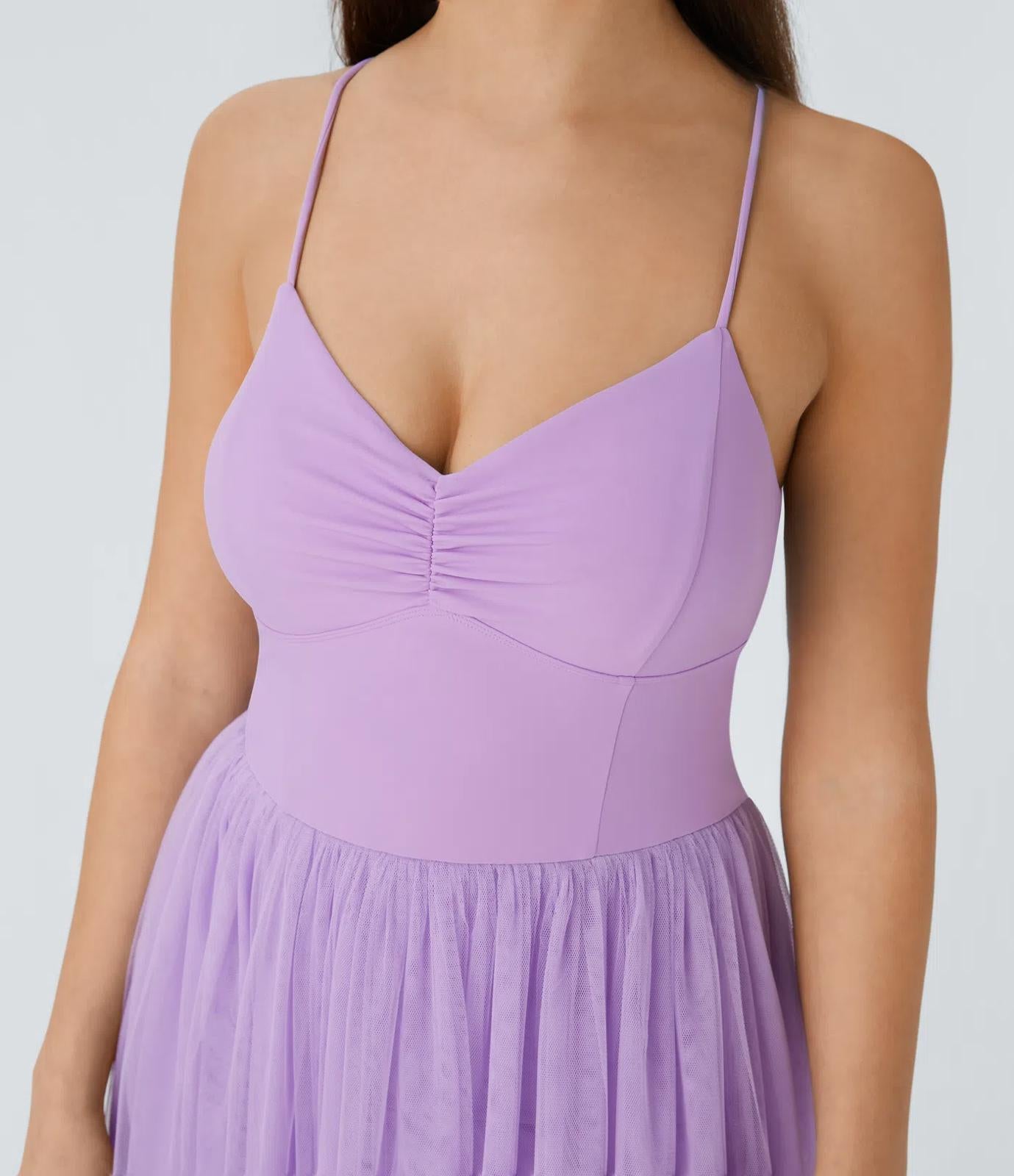 NWT Halara V Neck Ruched Lace Up Contrast Mesh Midi Casual Dress Orchid Bloom L