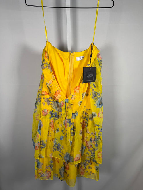 NWT Mac Duggal Yellow Floral Print Puff Sleeve Ruffled Mini Dress Size 2