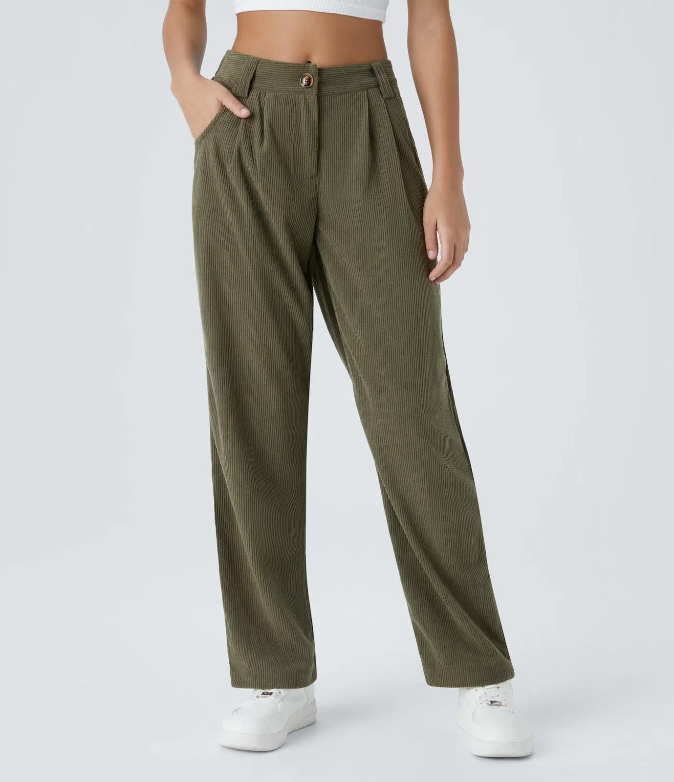 NWT Halara Mid Rise Zipper Pocket Corduroy Casual Pants Bamboo Green Size Small