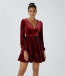 NWT Halara Deep V Neck Long Sleeve Ruffle Hem Velvet Mini Chill Dress Sangria XS