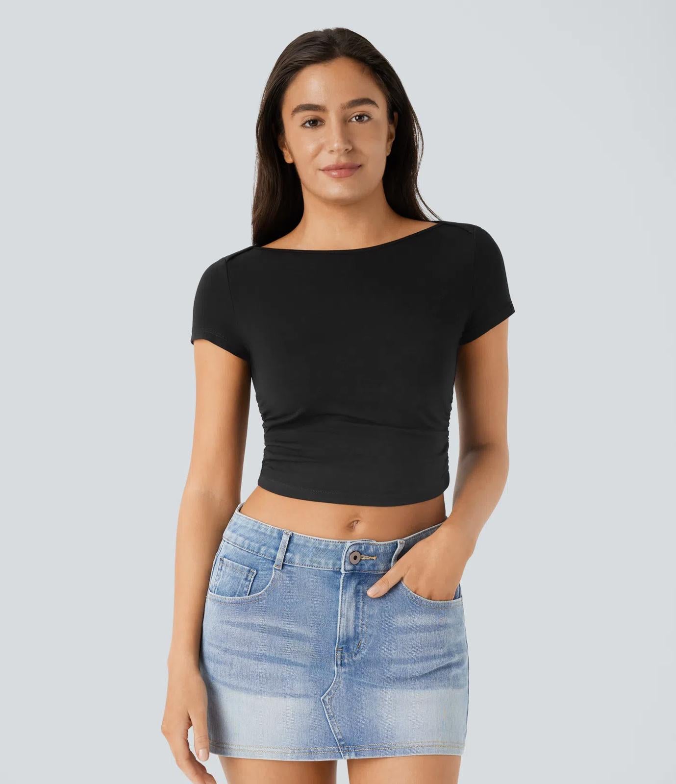 NWT Halara boat neck black baby tee cropped - XL