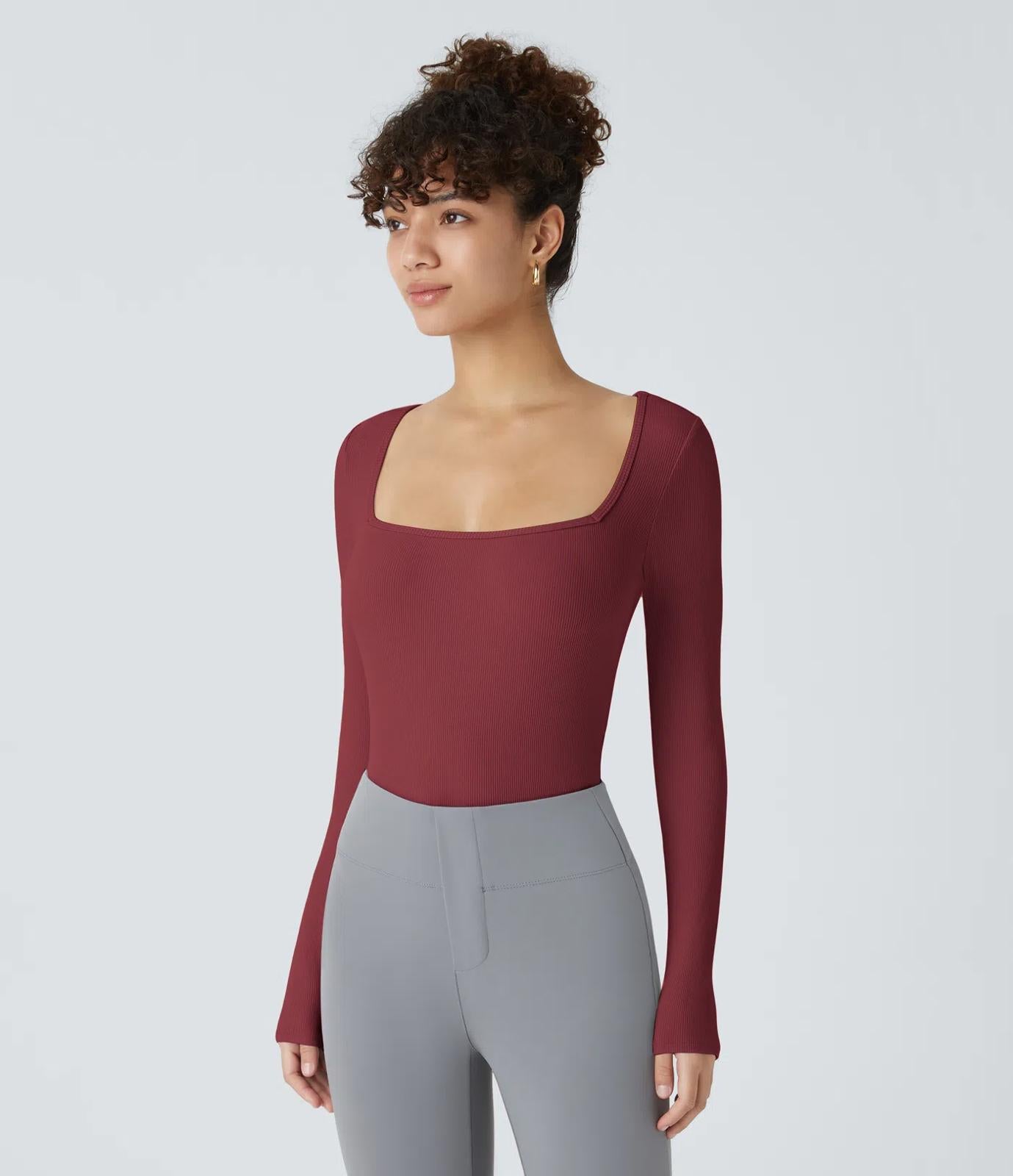 NWT Halara Ribbed Knit Square Neck Long Sleeve Skinny Bodysuit Ruby Wine L