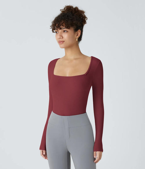 NWT Halara Ribbed Knit Square Neck Long Sleeve Skinny Bodysuit Ruby Wine L