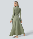 NWT Halara Funnel Neck Long Sleeve Flare Maxi Casual Dress Darl GRAY Floral S