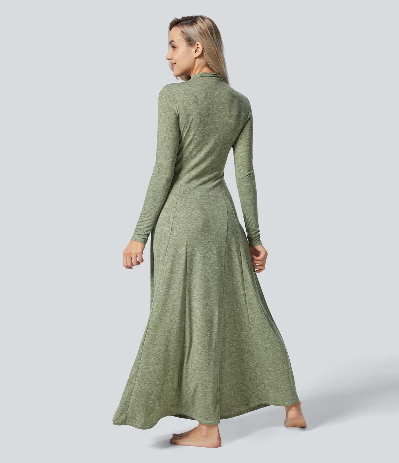 NWT Halara Funnel Neck Long Sleeve Flare Maxi Casual Dress Darl GRAY Floral S