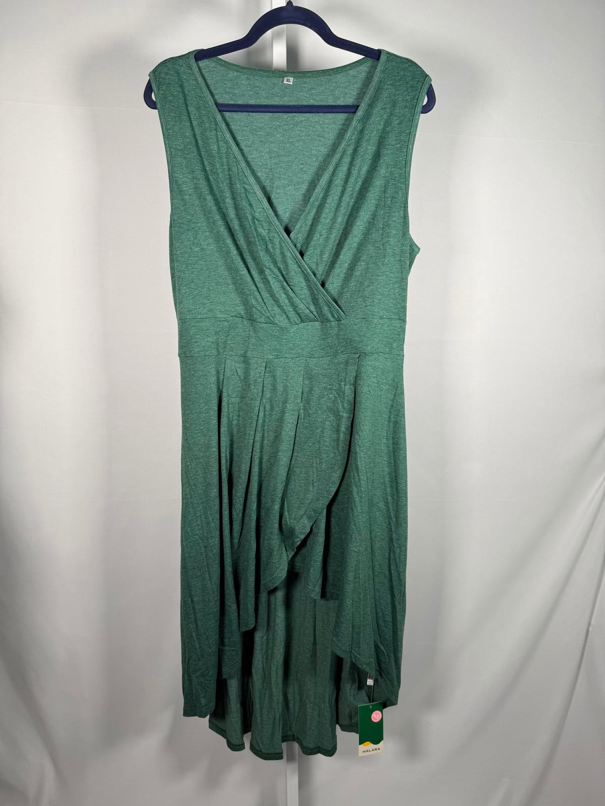 NWT Halara Deep V Neck Sleeveless High Low Flowy Midi Casual Dress Dark Green XL