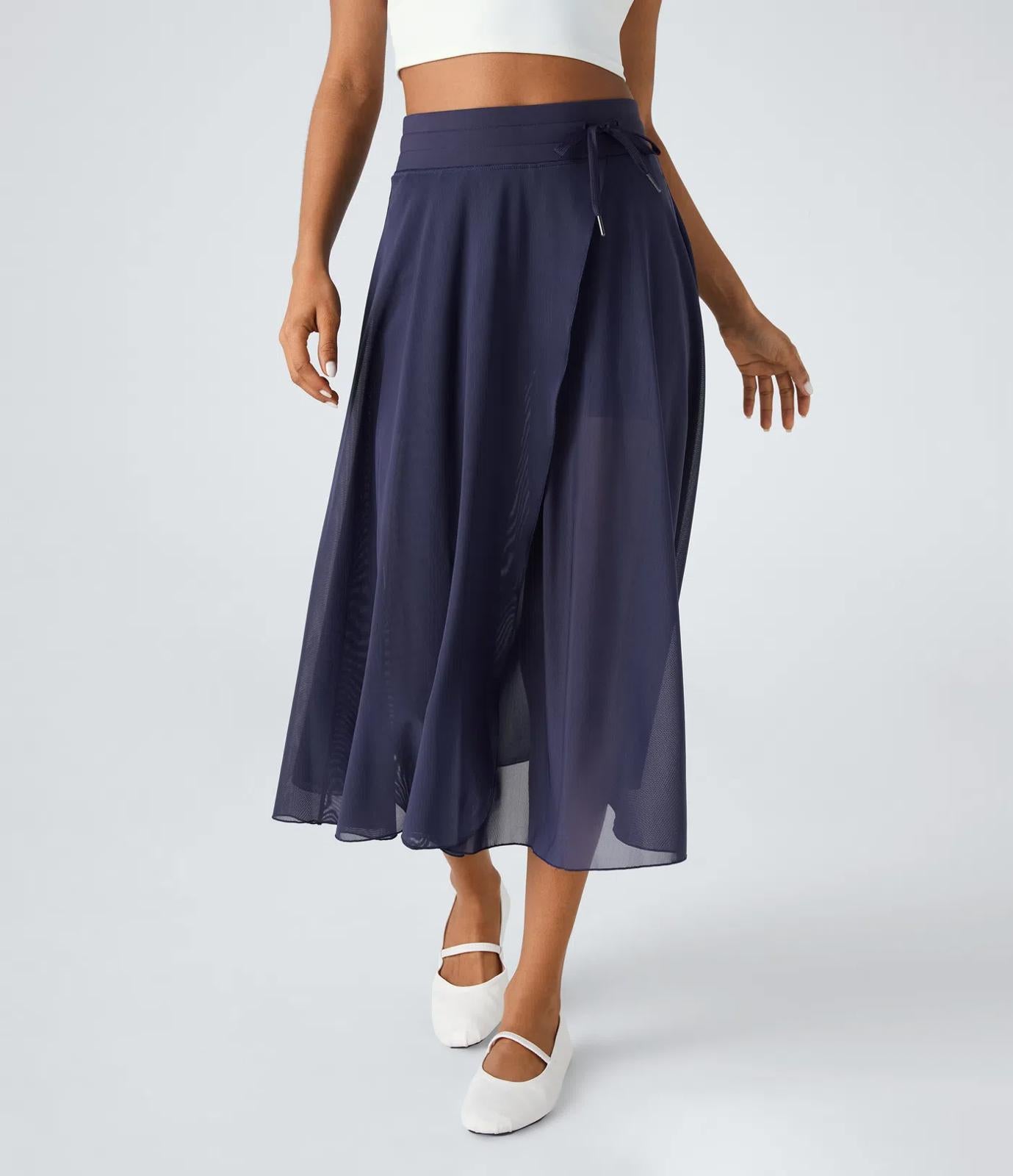 NWT Halara High Waisted Contrast Mesh 2-in-1 Pocket Midi Flare Casual Skirt - M