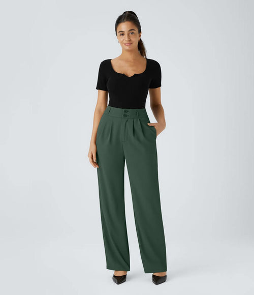 NWT Halara High Waisted Shirred Straight Leg Work Pants Dark Green M Petite