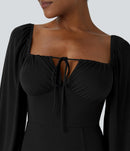 NWT Halara Square Neck Drawstring Tie Front Flounce Long Sleeve Dress Black S