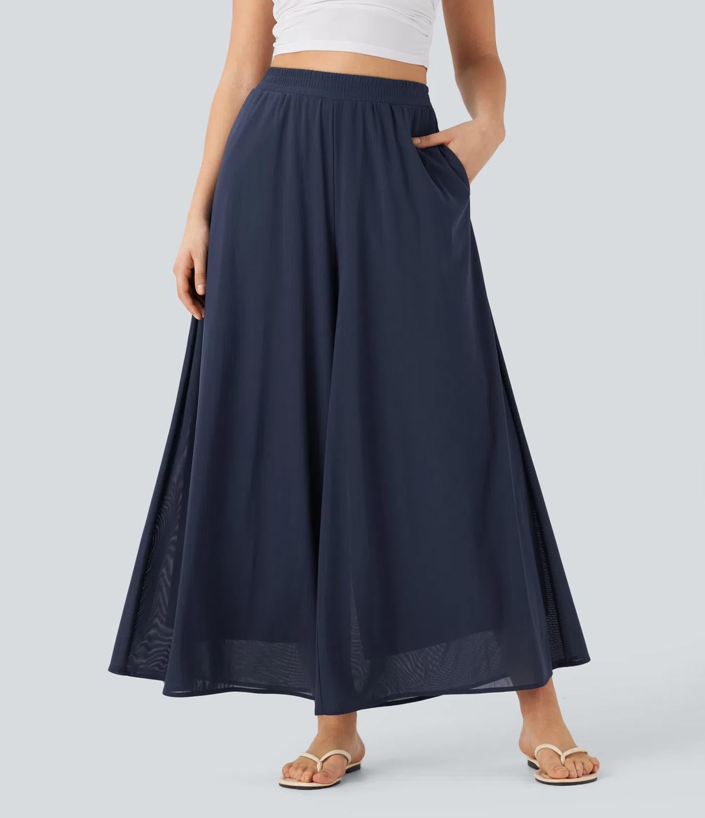 NWT Halara High Waisted Mesh Overlay Wide Leg Casual Pants Naval Academy S