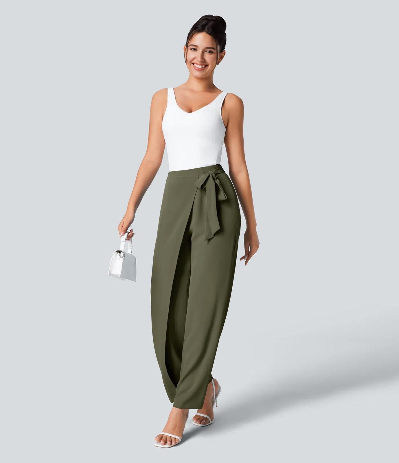 NWT Halara High Waisted Tie Side Wide Leg Work Pants Burnt Olive Size Large