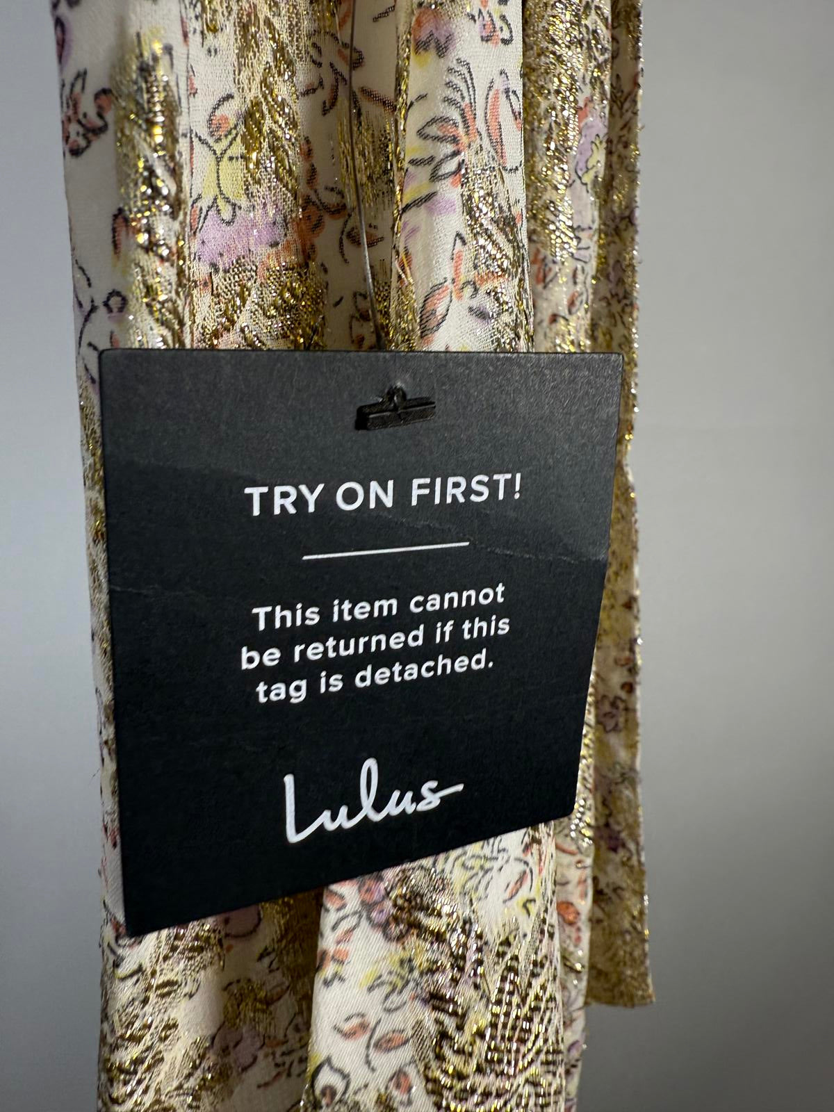 NWT Lulus White and Gold Floral Print Tie-Back Midi Dress Size Small