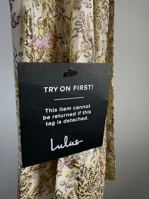 NWT Lulus White and Gold Floral Print Tie-Back Midi Dress Size Small
