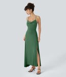 NWT Halara Ribbed Cowl Neck Lace Up Midi Dress Green Size Small