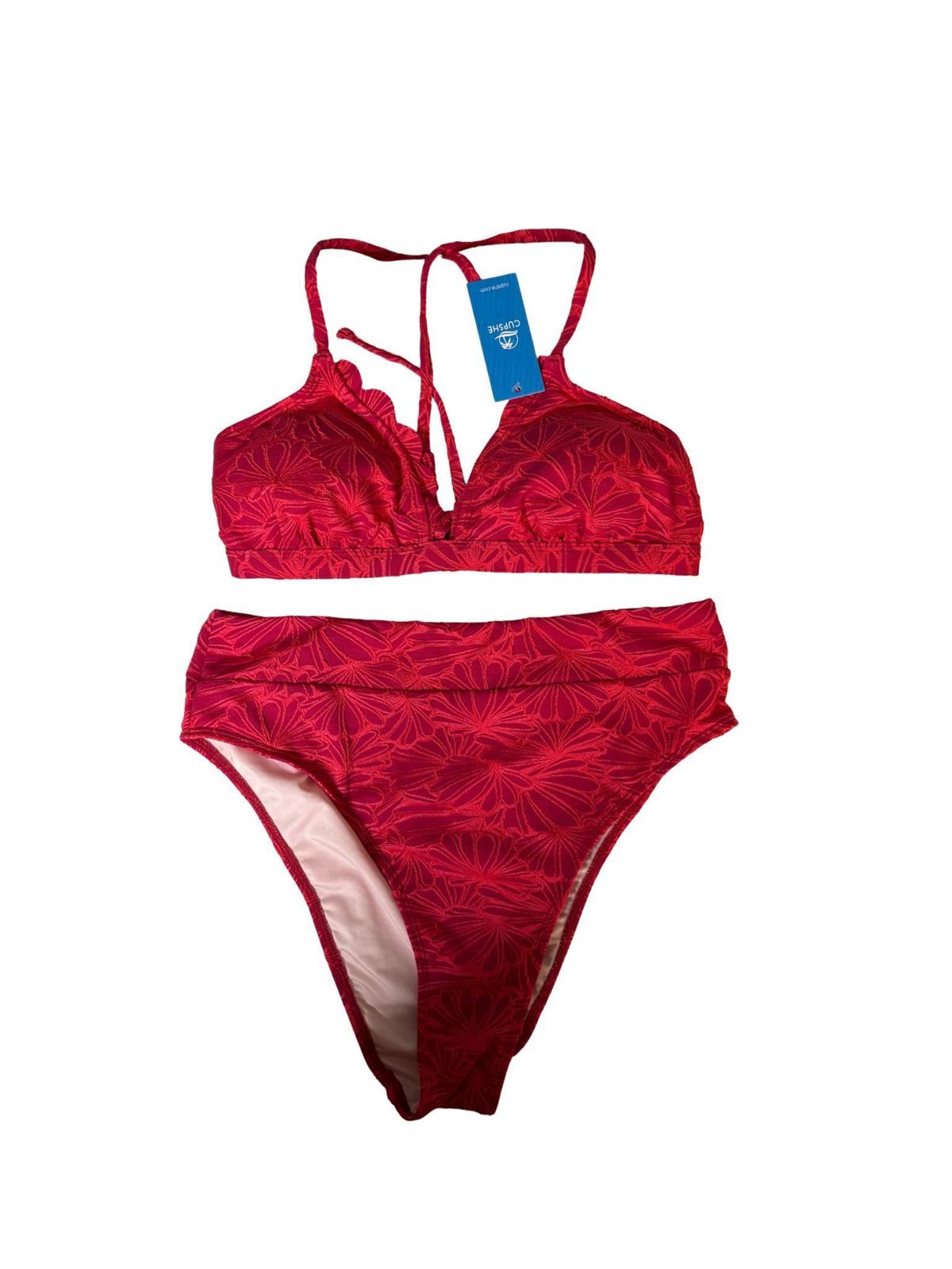 NWT Cupshe Red Floral Jacquard Scalloped Bralette High Waist Bikini Set Size M