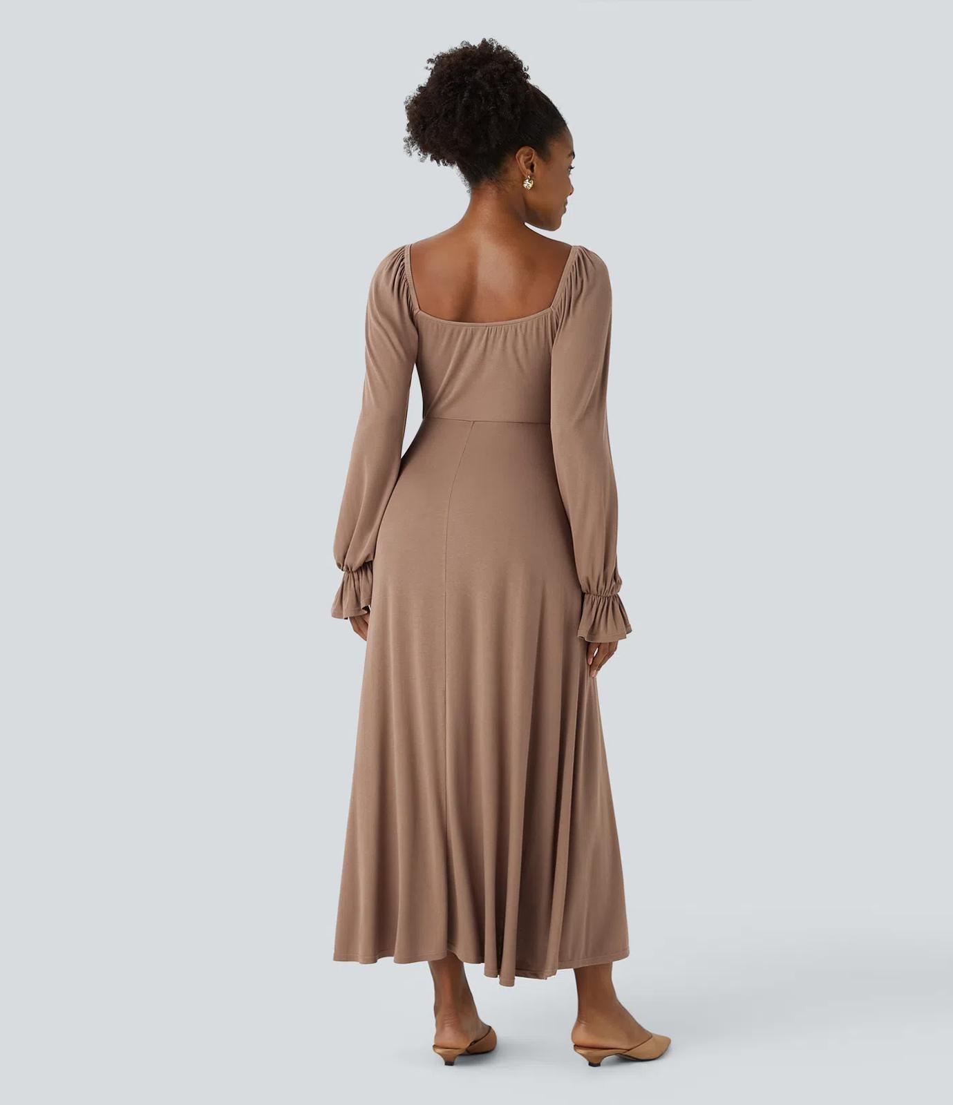 NWT Halara Square Neck Tie Front Flounce Sleeve Midi Dress Size Medium