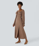 NWT Halara Square Neck Tie Front Flounce Sleeve Midi Dress Size Medium