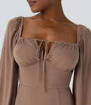 NWT Halara Square Neck Tie Front Flounce Sleeve Midi Dress Size Medium