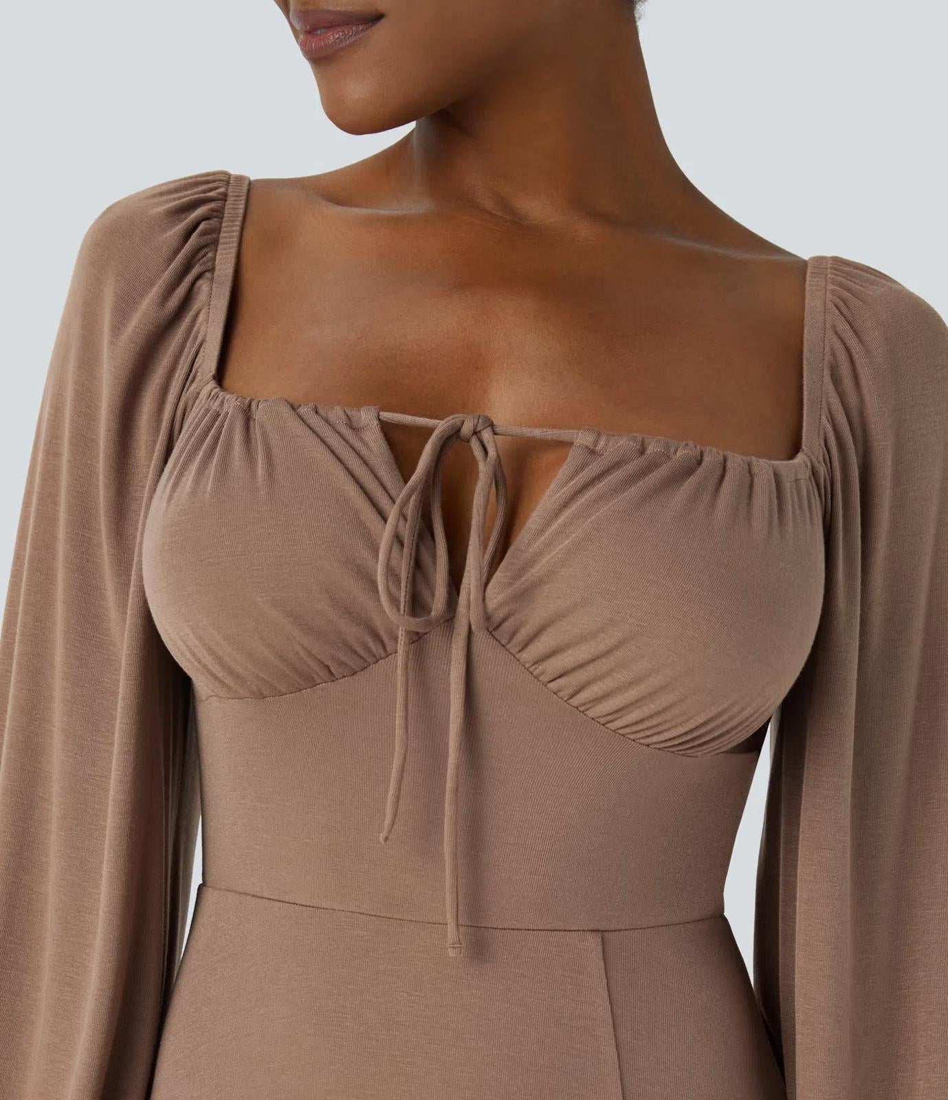 NWT Halara Square Neck Tie Front Flounce Sleeve Midi Dress Size Medium