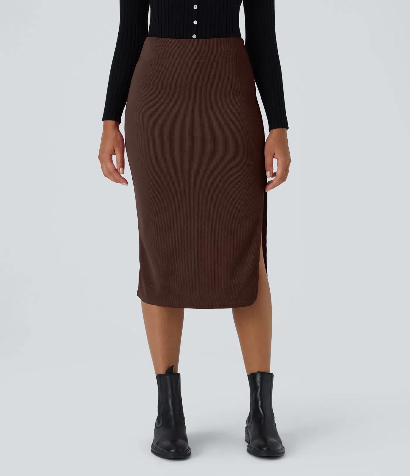 NWT Halara Ribbed High Waisted Bodycon Midi Casual Skirt Chestnut S