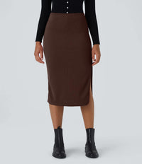 NWT Halara Ribbed High Waisted Bodycon Midi Casual Skirt Chestnut S