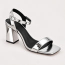 NWB PrettyLittleThing Silver Metallic Square Toe Block Heel Sandals Size 5