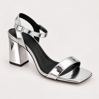 NWB PrettyLittleThing Silver Metallic Square Toe Block Heel Sandals Size 5