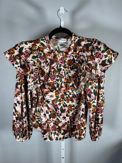 NWT Something Navy Cream Multi Floral Ruffle Long Sleeve Blouse Size Medium