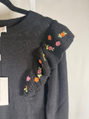 NWT Something Navy Louise Black Floral Embroidered Ruffle Sweater Size XS