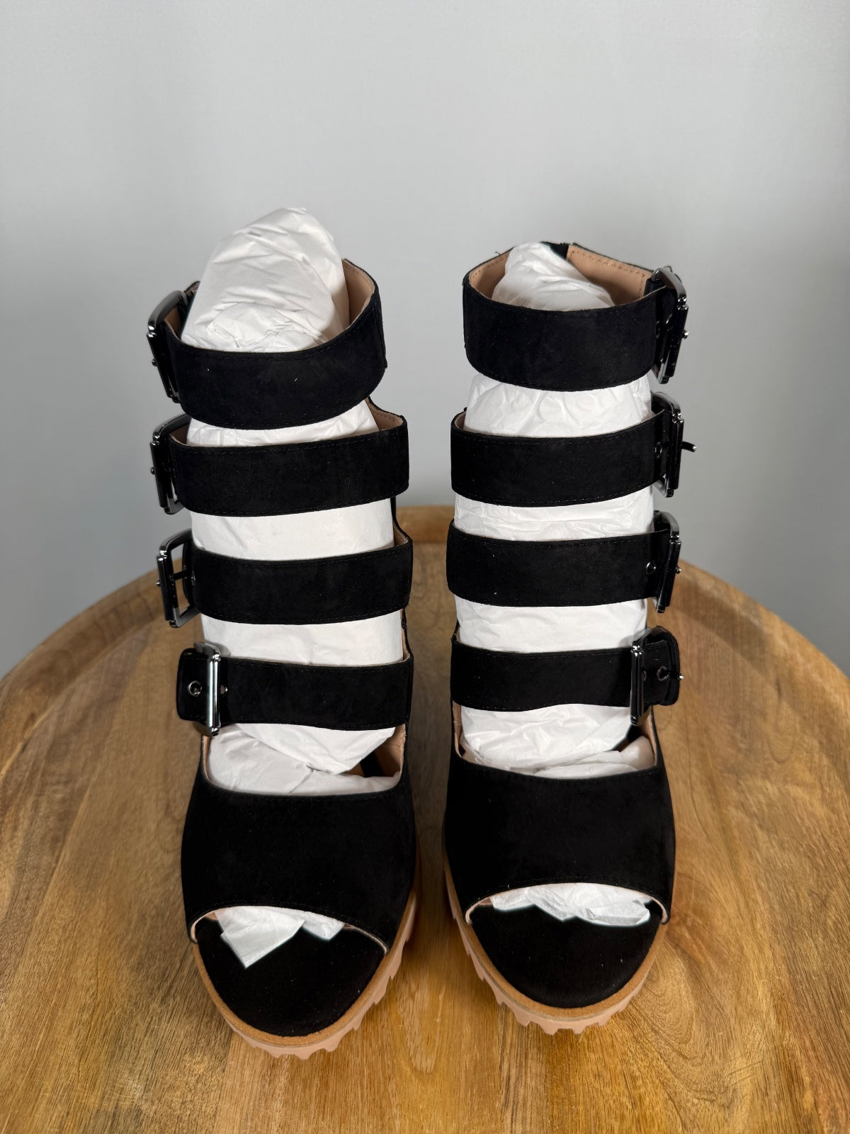 NWB Linea Paolo Wisteria Black Suede Buckle Wedge Sandals Size 6