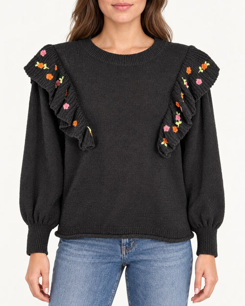 NWT Something Navy Louise Black Floral Embroidered Ruffle Sweater Size Medium
