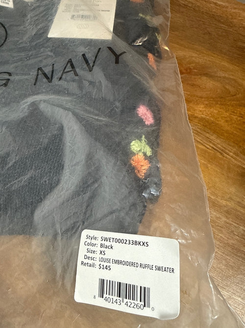 NWT Something Navy Louise Black Floral Embroidered Ruffle Sweater Size XS