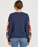 NWT Something Navy Navy Floral Embroidered Crew Neck Sweater Size XXS