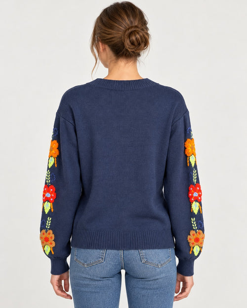 NWT Something Navy Navy Floral Embroidered Crew Neck Sweater Size XXS