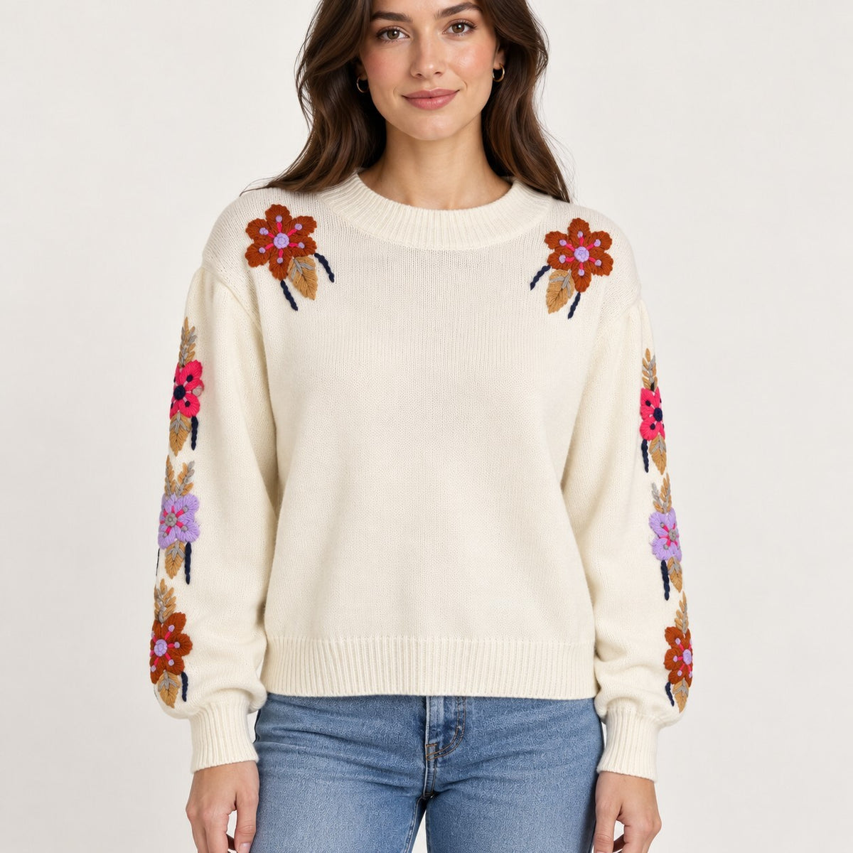 NWT Something Navy Ivory Floral Embroidered Crew Neck Sweater Size Medium